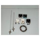LOT OF HANDMADE COSTUME JEWELRY TO INCLUDE FLOWER EARRINGS, MATCHING EARRING BRACELET SET, CROSS NEC