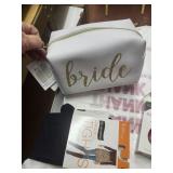 bride cosmetic bag, headband, sole mates