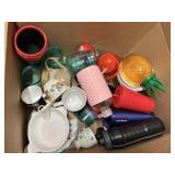 large box of 2 pyrex like casseroles, mugs, cups
