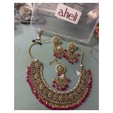 aheli Pink Polki Necklace Earrings & Tikka Set