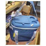 blue insulated cloth cooler with cup holders