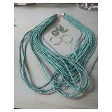 Blue Beaded necklace & 2 pair earrings