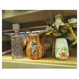 ceramic pitcher, glass decanter with stomper,