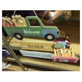 2 fall wood signs, scarecrow and pumpkin truck