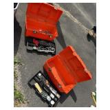 2 orange plastic tool boxes with trays, bolts and