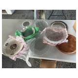 3 pyrex glass pie pans, various size servng trays