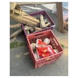 2 crates, carnival wood milk bottles, softballs
