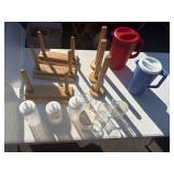 2 pitchers, 3 wood napkin holders, 3 wood