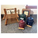 Set of 3 Enamelware Canisters with Rack & Wood Box Set of 3 Enamelware Canisters with Rack & Wood Box