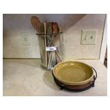 Wood Kitchen Utensils in Glass Jar, Cook-In Ware Pie Plate & Stand Wood Kitchen Utensils in Glass Jar, Cook-In Ware Pie Plate & Stand