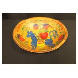 Vintage Wooden Bowl with Folk Art Design