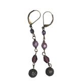 Long Brass & Purple Glass Bead Dangle Earrings (J)