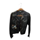 Black Pu Leather Jacket w/ Embroid Tricotto M (C)