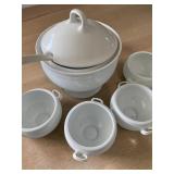 Crate & Barrel White Porcelain 7 Piece Soup Tureen Set, Glass Cake Dome