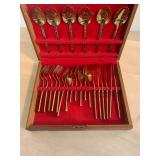Thai Bronzeware Flatware Set In Wooden Box