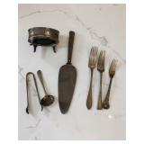 Vintage Silver Serving Items Cake Server, Forks, Ladle, Sugar Tongs, Footed Dish