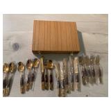 Vintage Thai Bronze & teak Flatware Set In Wooden Box
