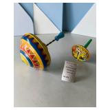 1950s 60s Ohio Art Tin Litho Circus Train Animal Themed Spinning Tops Lot of 2