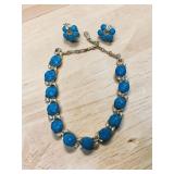 1950s Lisner Faux Blue Turquoise Cabochon Choker & Clip On Earrings Set