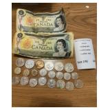 Canadian Money Lot - Dollar Bills (2), 25 Cent Coins (6), 10 Cent Coins (8)