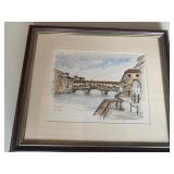 Framed Watercolor Lithograph Print Ponte Vecchio Italy By Jan Korthals 