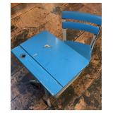Vintage Kids Blue Metal & Wood School Desk W Matching Blue Chair