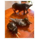 Carved Water Buffalo, Mallard Duck, Elephant Figurines
