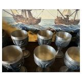 German Pewter Chalice Goblet W Bas-Relief Design Of Nautical Tall Pirate Ships 