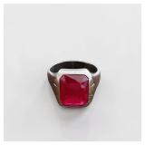 Art Deco Sterling Silver Unisex Ring W Synthetic Ruby Stone (Size 12)