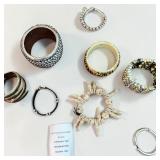 Bracelet Lot - Hinged Silver Plated Modernist Cuff, Silver-Tone Floral Stretch