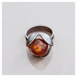 Modernist 925 sterling silver ring Baltic amber stone setting