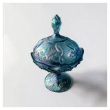 Fenton Aqua Blue Carnival Glass Lily of the Valley Pedestal Compote Dish W Lid
