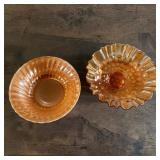 Fire-King Peach Lustreware Serving Bowl & Fenton Coin Dot Marigold Glass Bowl (1)