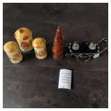 Salt Pepper Shaker Lot - 1950s Parisienne Flower Cart, Georgian Style Treen Wood