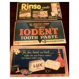 Cardboard Ad Signs Iodent Toothpaste, Lux Soap, Rinso Suds