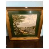 Framed Currier and Ives Lithograph Wall Art Titled The Old Ford Bridge 