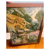 Framed Vintage Handmade Country Cottage Needlepoint Tapestry Wall Art