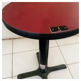 Commercial Red Cafe Table W Black T Mold Edge & Black Cast Iron Pedestal Base (1) Commercial Red Cafe Table W Black T Mold Edge & Black Cast Iron Pedestal Base (1)