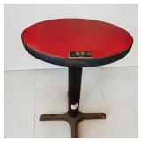 Commercial Red Cafe Table W Black T Mold Edge & Black Cast Iron Pedestal Base (3) Commercial Red Cafe Table W Black T Mold Edge & Black Cast Iron Pedestal Base (3)