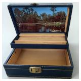 Blue Leather Gold Embossed Jewelry Box W Landscape Scene Inside Lid