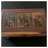 Carved Footed Wood Jewelry Chest W 3 Ornately Paneled Decoupage Scenes On Top 