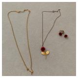 Red Rose Gold Tone Pendant Necklace & Matching Clip-On Earrings