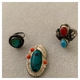 Navajo Style Coral:Turquoise Ring, Turquoise Stone Ring Set With Metal Rope Trim