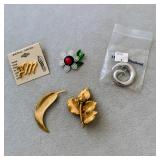 Flora Danica Style Rose Brooch, 1960s Daisy Brooch, Gold Tone Textured Leaf Pin
