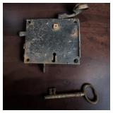 Antique Pennsylvania Dutch Elbow Rim Lock Assembly Black Wrought Iron Case & Key
