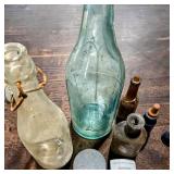 Antique Steinberger Aqua Glass Soda Bottle, Milk Glass Cream Jar & More