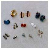 Earring Lot - Enamel Monet-Style, White Shell Leaves, Art Deco Teal:Black Enamel