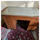Double Pedestal Wooden Keyhole Desk W Rope Twist Edge, Brass Drop Pull Hardware