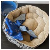 Round Beige Pet Cuddler Bed, Blue Bandanas, Pet Bowls & More