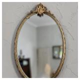 Oval Baroque-Style Gold Gilt Wall Mirror W Shell Crest Detailing